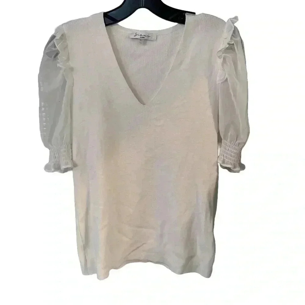 Siani Milano white sweater Top with sheer puffed sleeve V-Neck Size Small